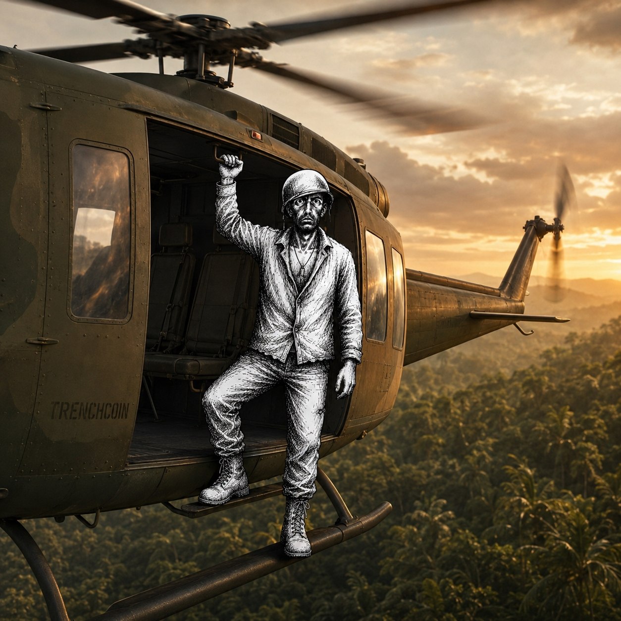Trenchcoin soldier sitting in a helicopter over a battlefield
